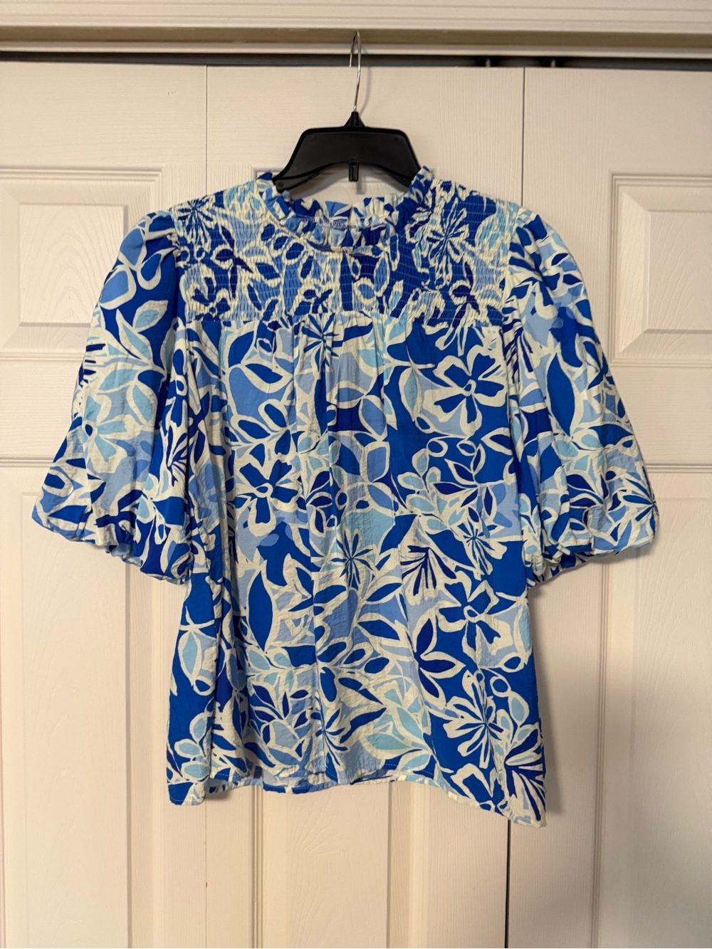 Smocked Neck Blue Floral Puff-Sleeve Blouse